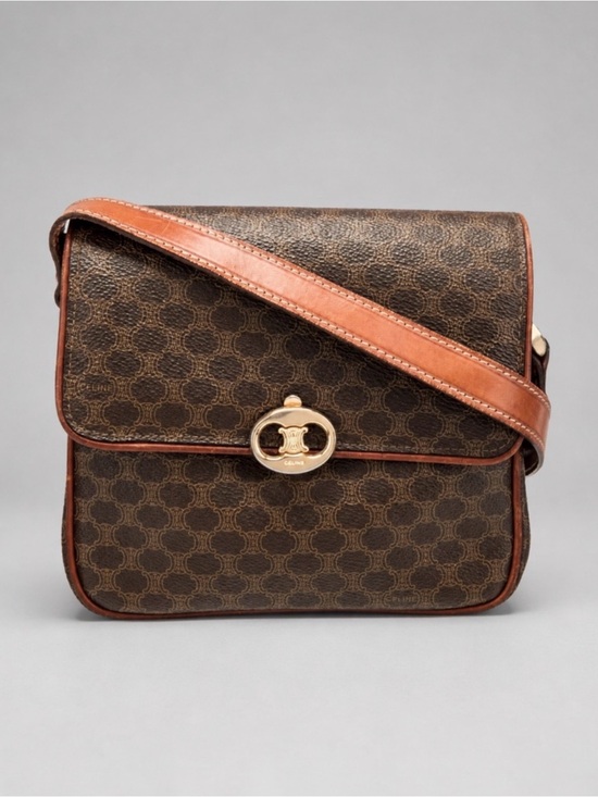 Celine Handbags - Celine Triomphe Macadam Monogram Canvas Mini Crossbody Brown with Tan Trim